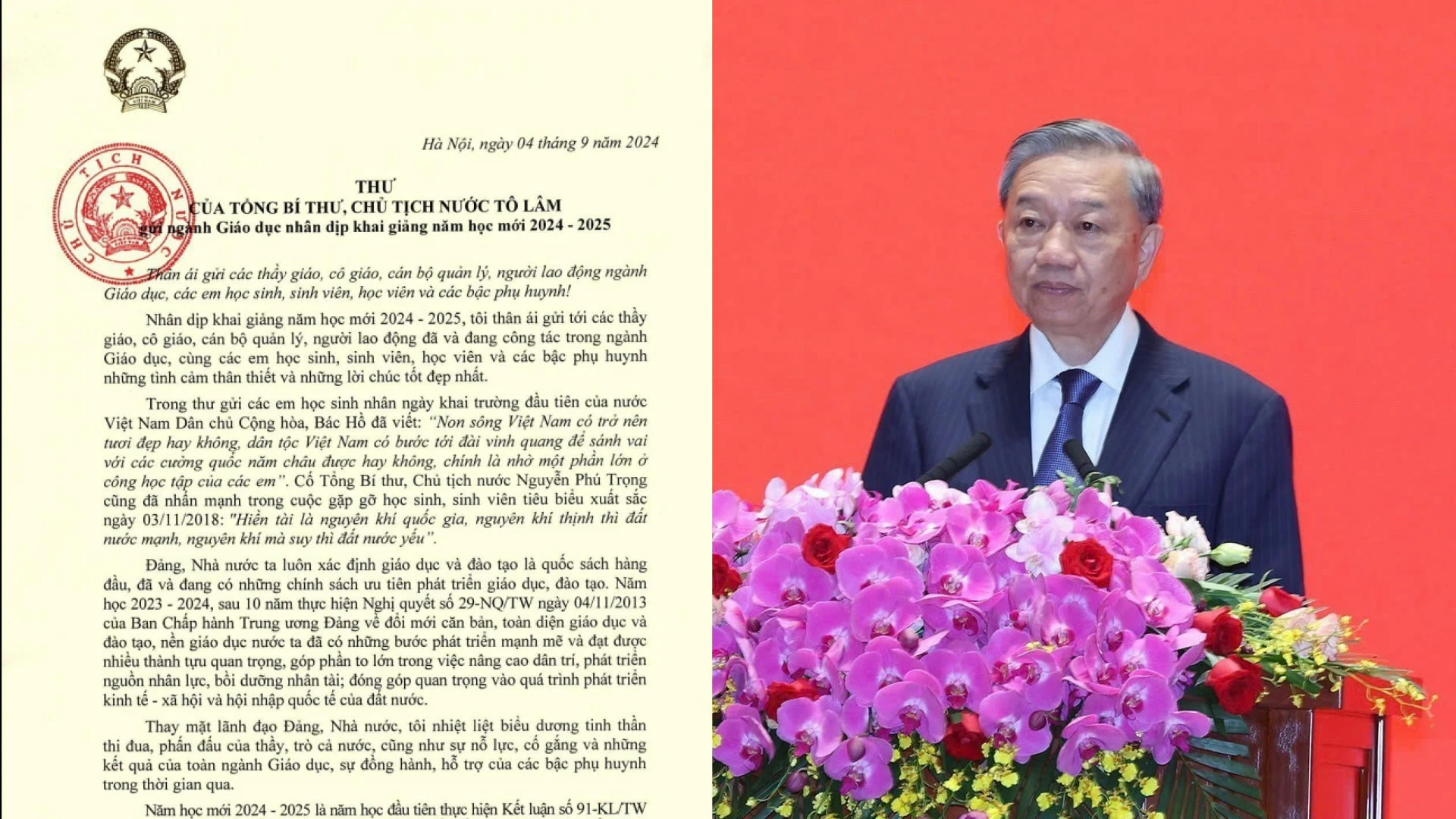 Thư của Tổng Bí thư, Chủ tịch nước Tô Lâm gửi ngành giáo dục nhân dịp Khai giảng năm học mới 2026-2027